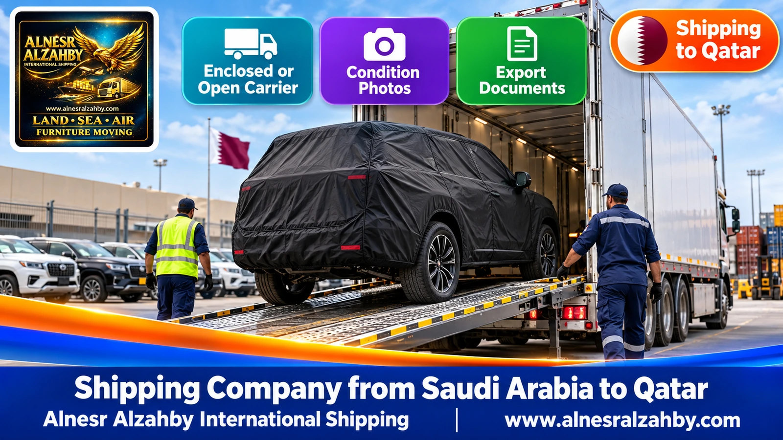 An SUV under a black protective cover being loaded onto an enclosed car carrier in an organised yard