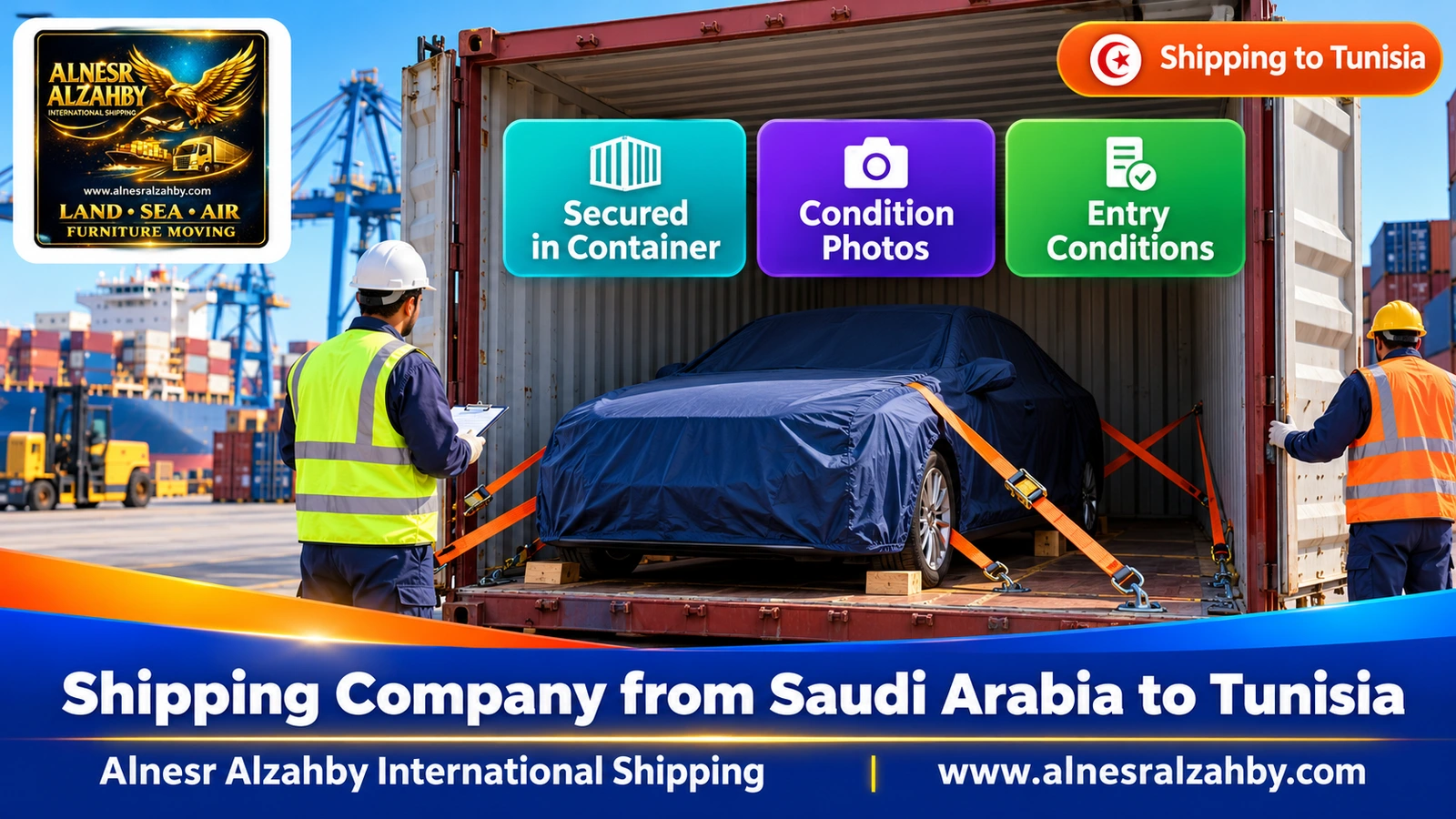 A sedan under a dark blue protective cover secured inside a container at an organised port yard