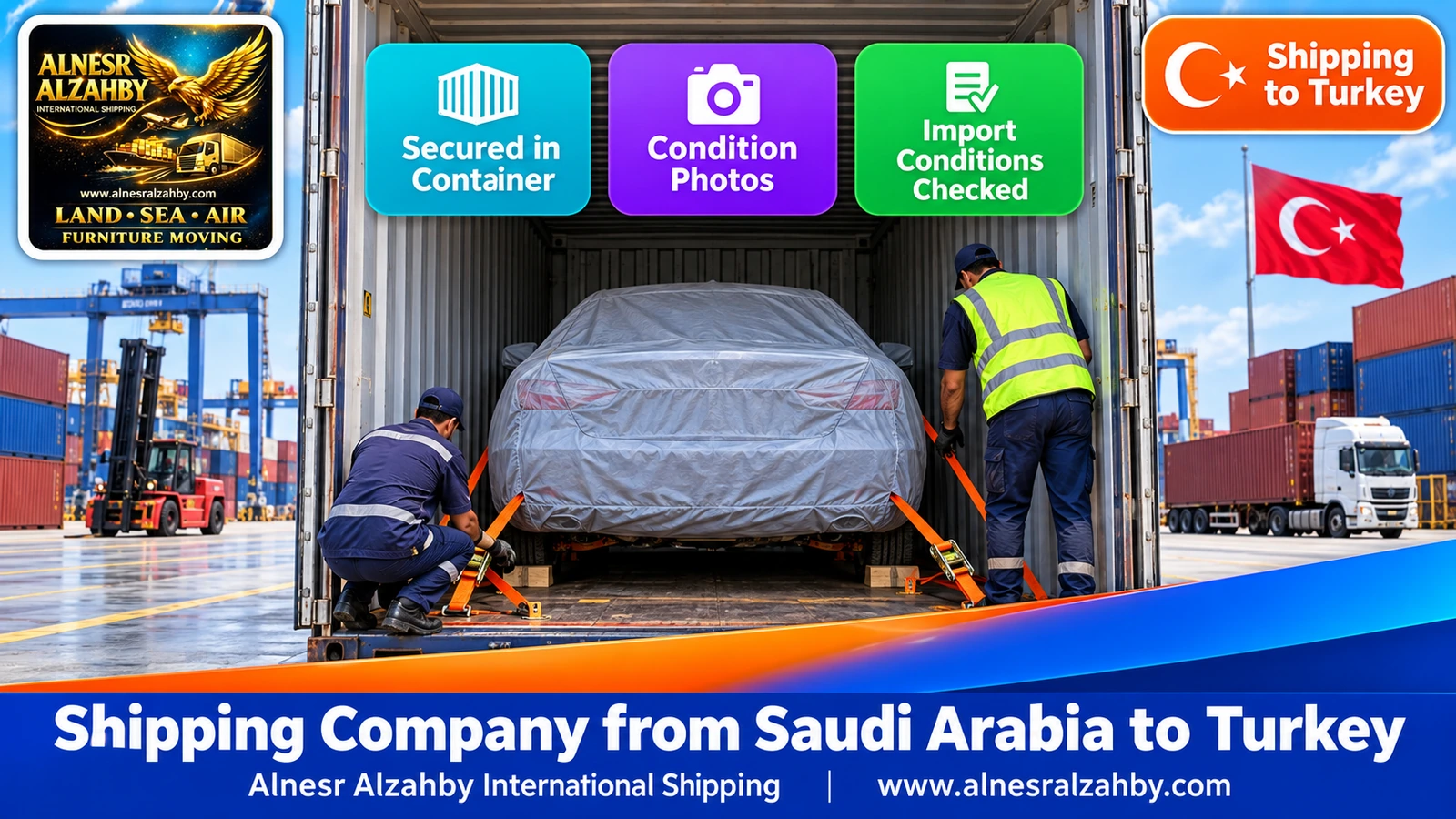 A sedan under a grey protective cover being secured inside a shipping container at an organised port yard