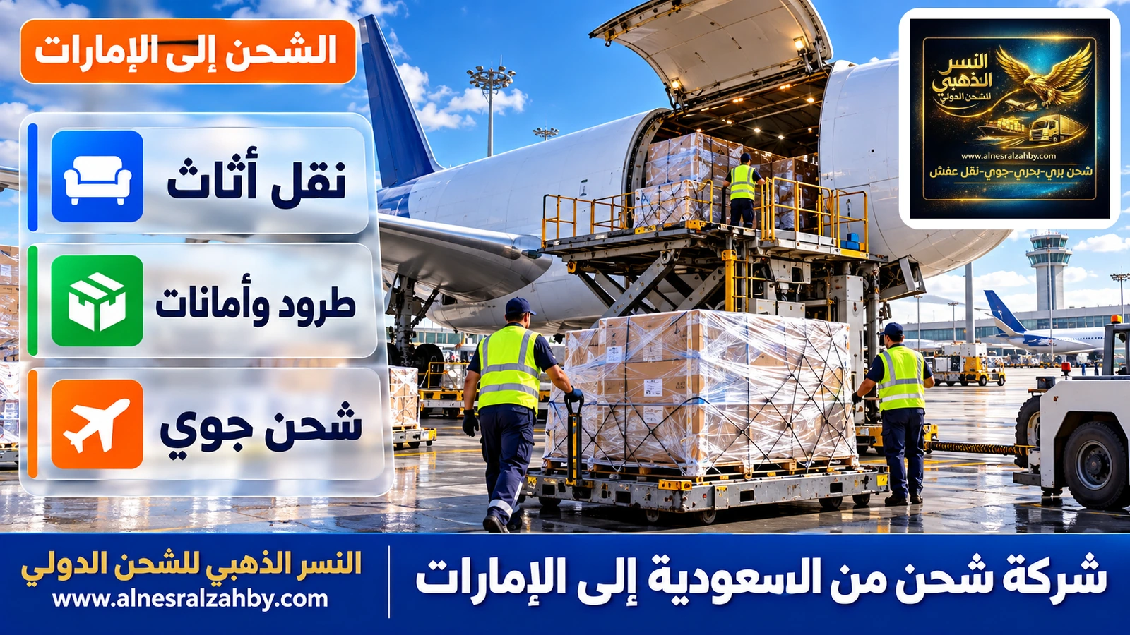 طائرة شحن على مدرج مطار حديث تُحمَّل بطرود مغلفة بالستريتش