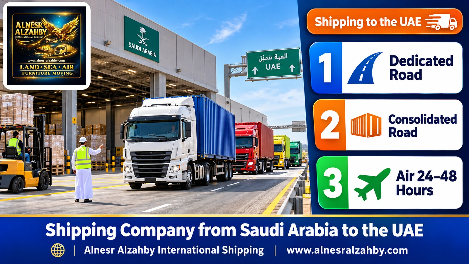 Multi-coloured cargo trucks leaving a modern consolidation hub in Saudi Arabia toward the highway