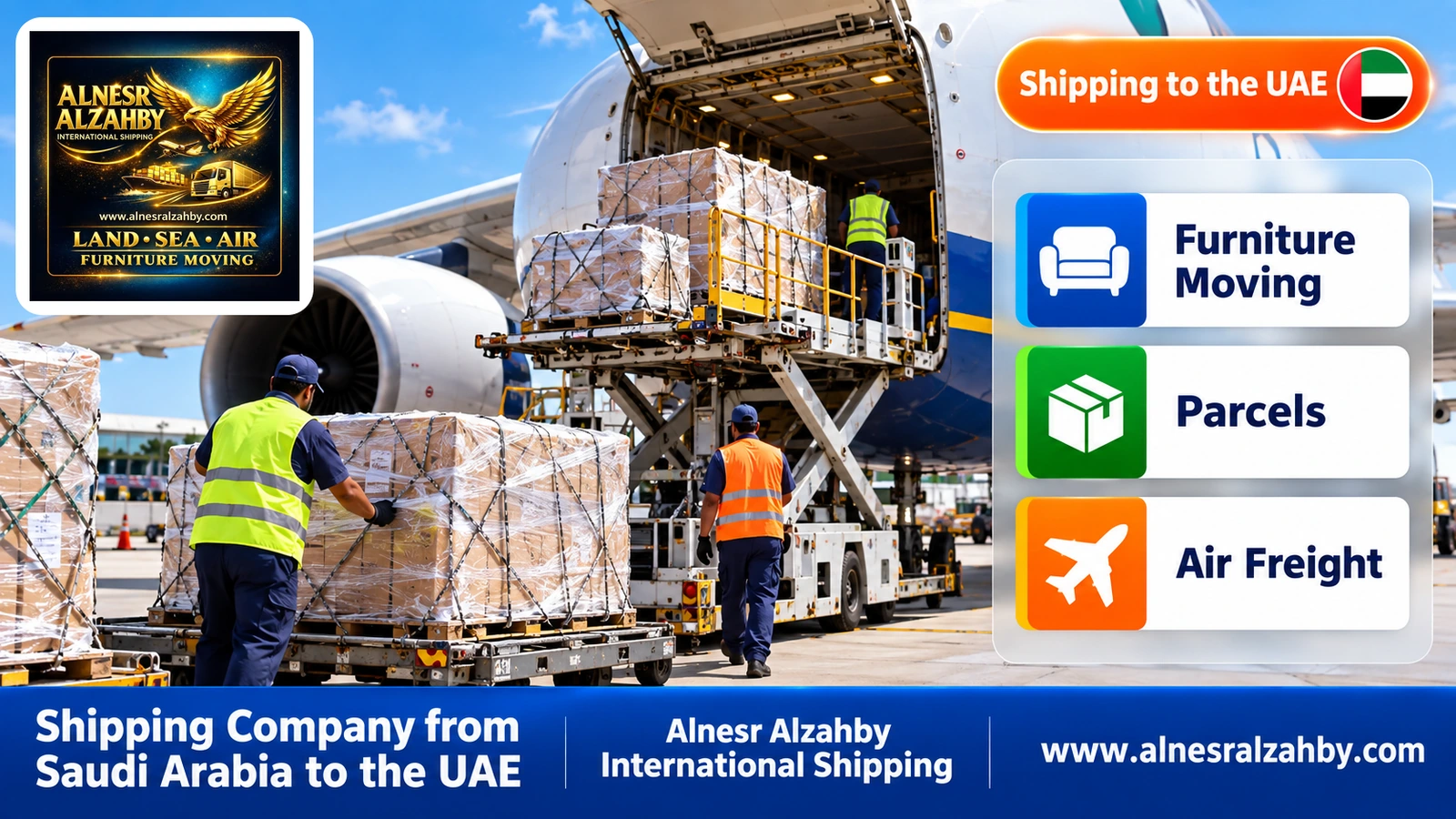 A cargo plane on a modern airport apron being loaded with stretch-wrapped parcels