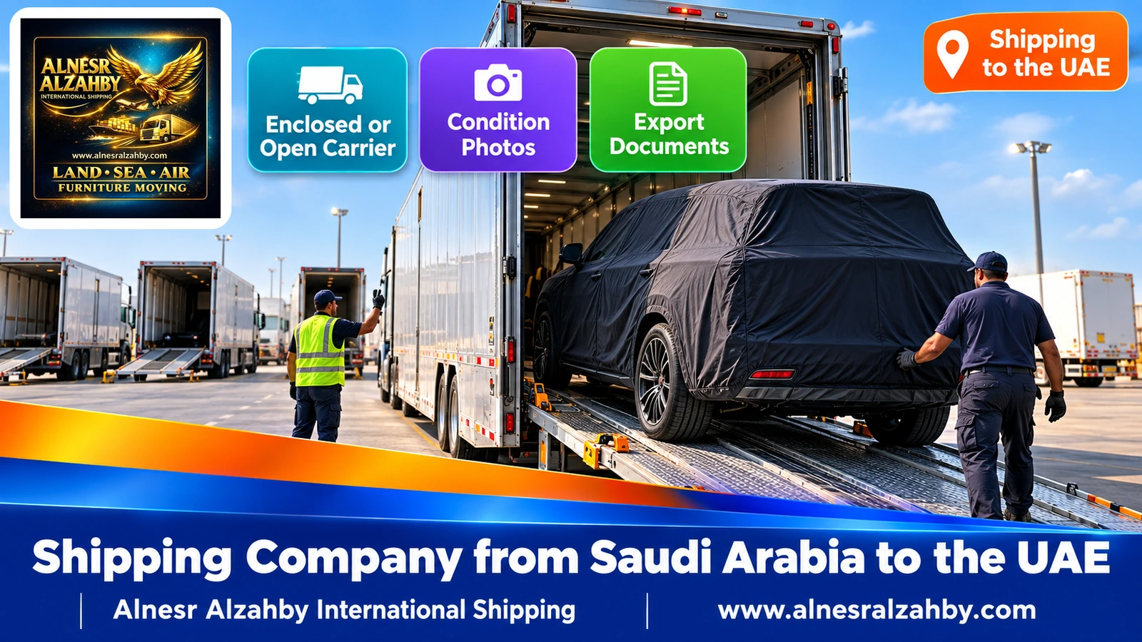 An SUV under a dark protective cover being loaded onto an enclosed car carrier in an organised loading yard