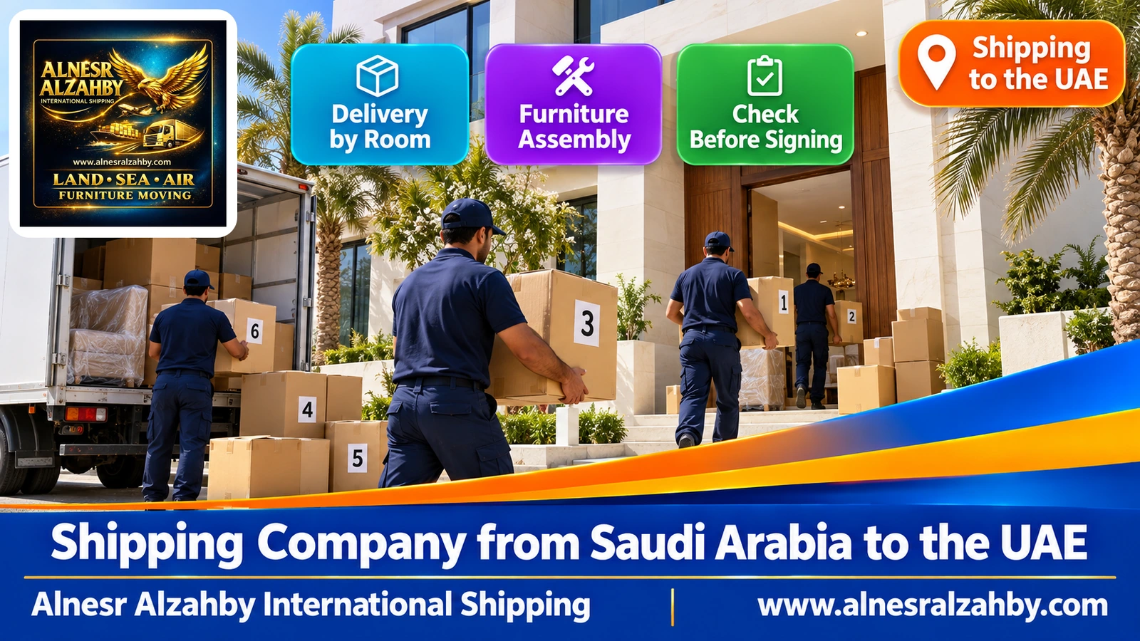 A modern villa in Abu Dhabi where a team receives numbered boxes from a truck