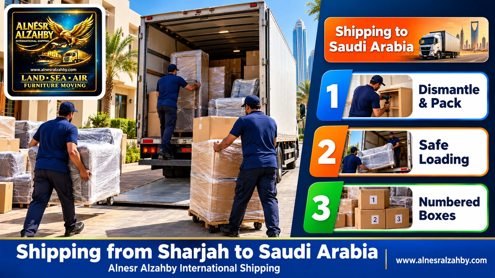 A shipping team loading wrapped furniture into a closed truck in Sharjah
