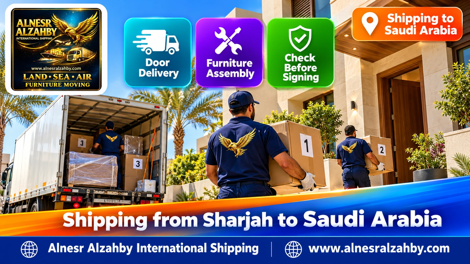 A team delivering numbered boxes to a modern home in Saudi Arabia