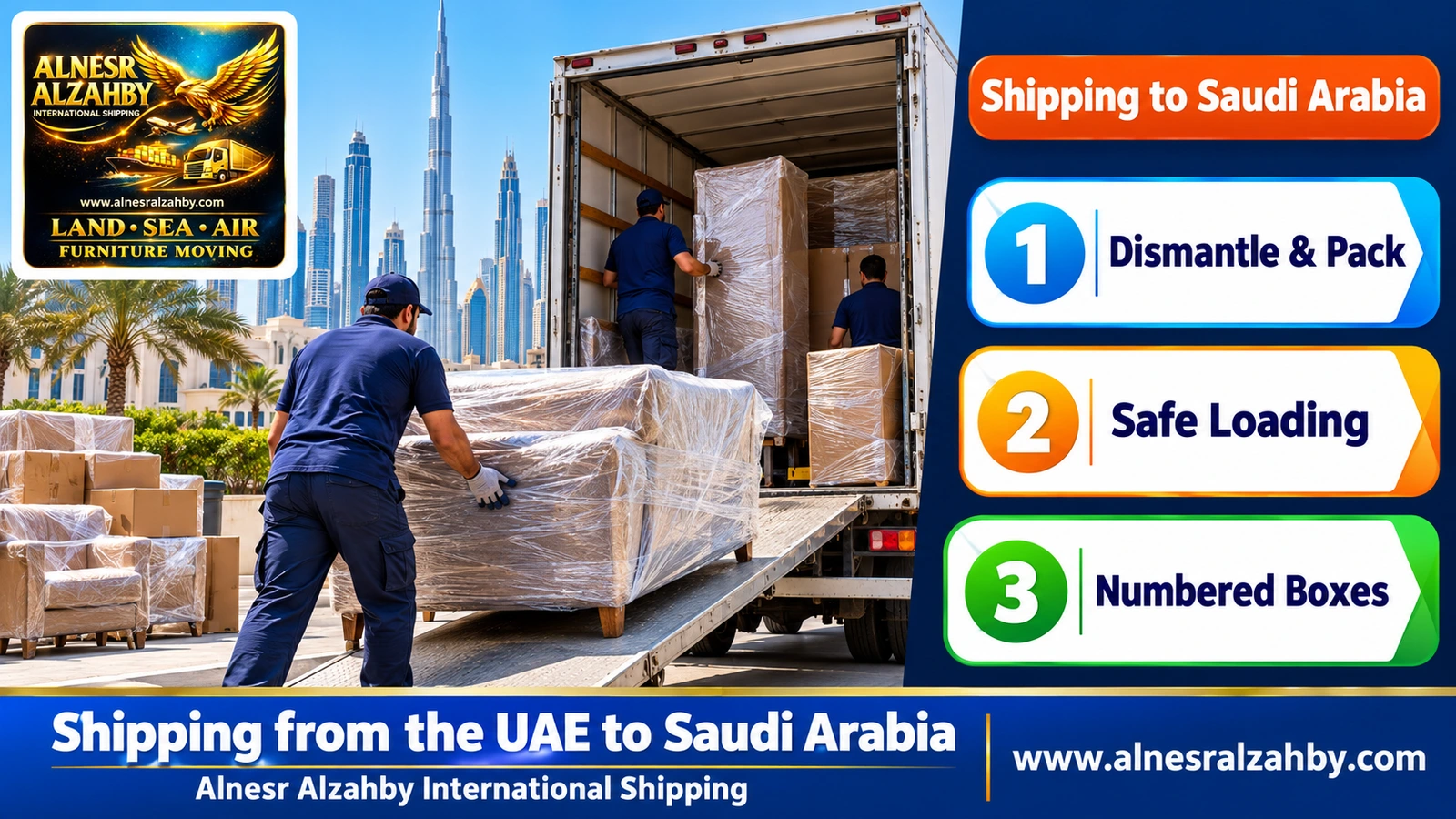 A shipping team loading wrapped furniture into a closed truck in the UAE