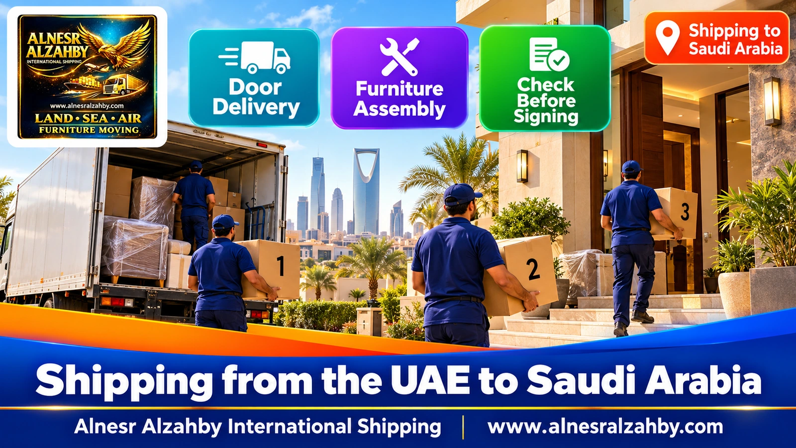 A team delivering numbered boxes to a modern home in Saudi Arabia