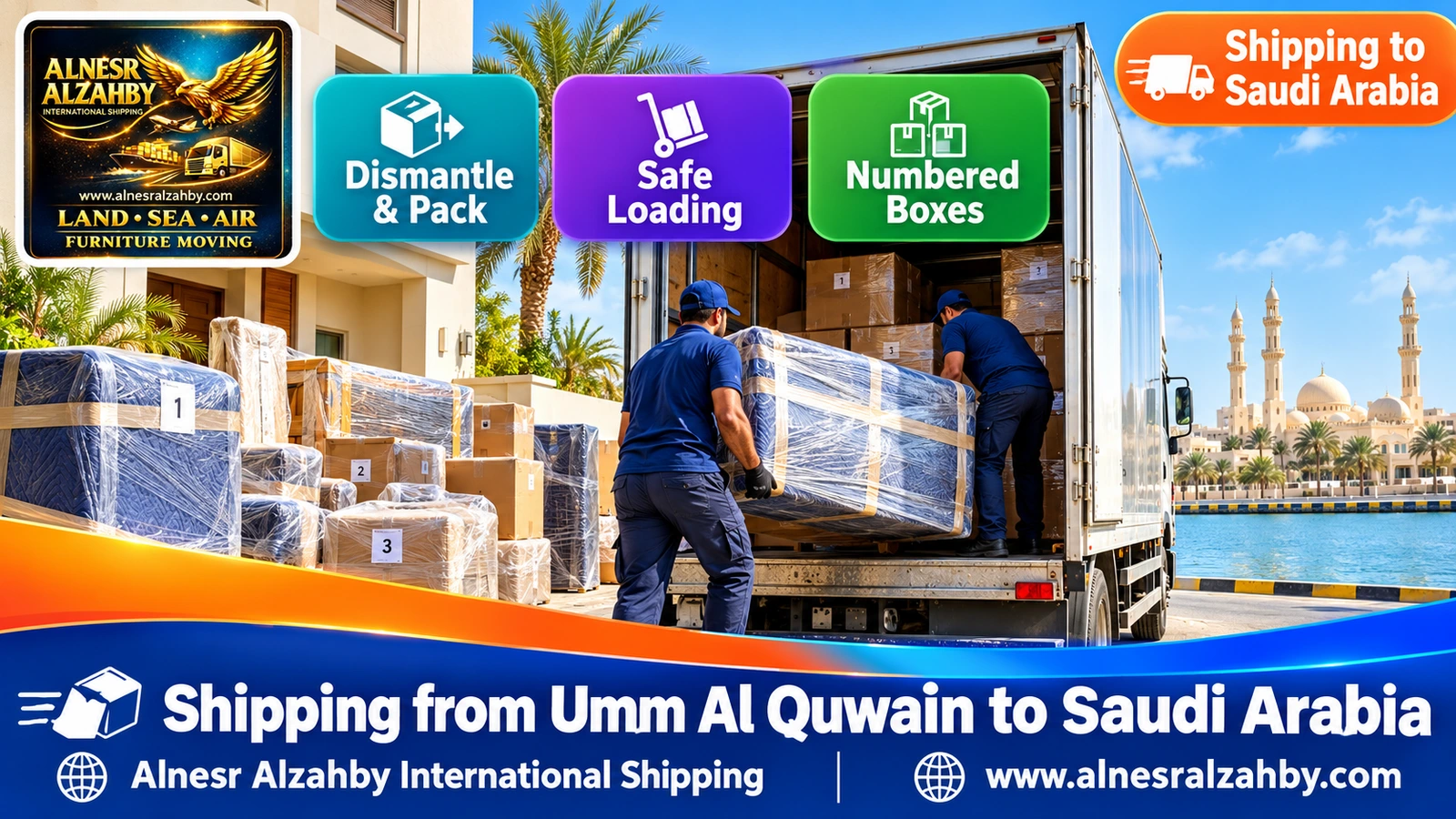 A shipping team loading wrapped furniture into a closed truck in Umm Al Quwain