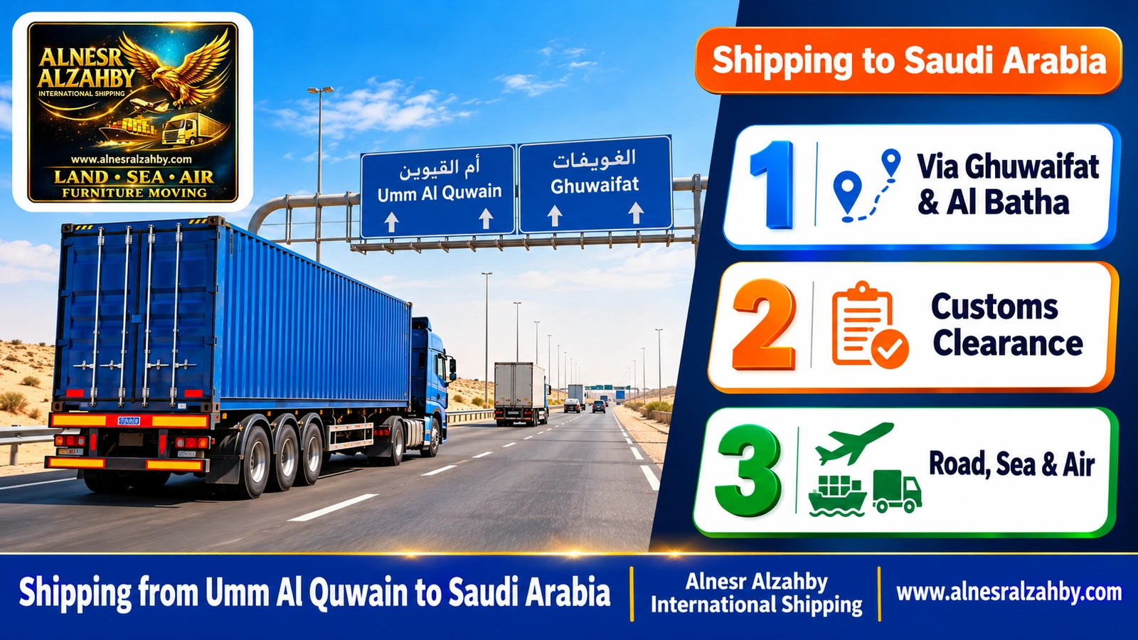 A blue cargo truck on the highway from Umm Al Quwain toward the Ghuwaifat crossing