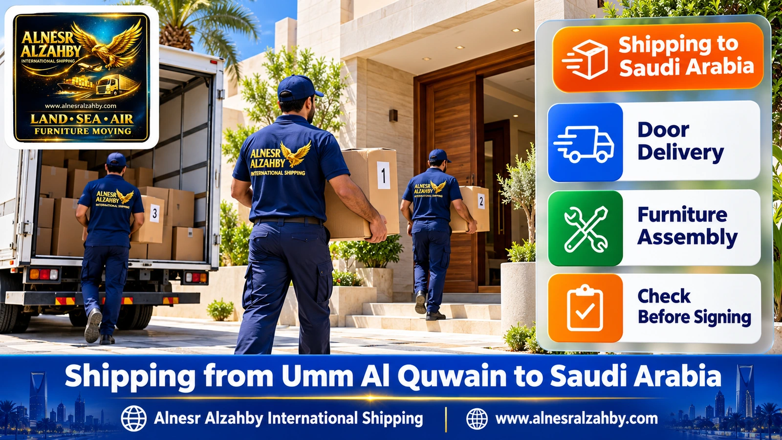 A team delivering numbered boxes to a modern home in Saudi Arabia