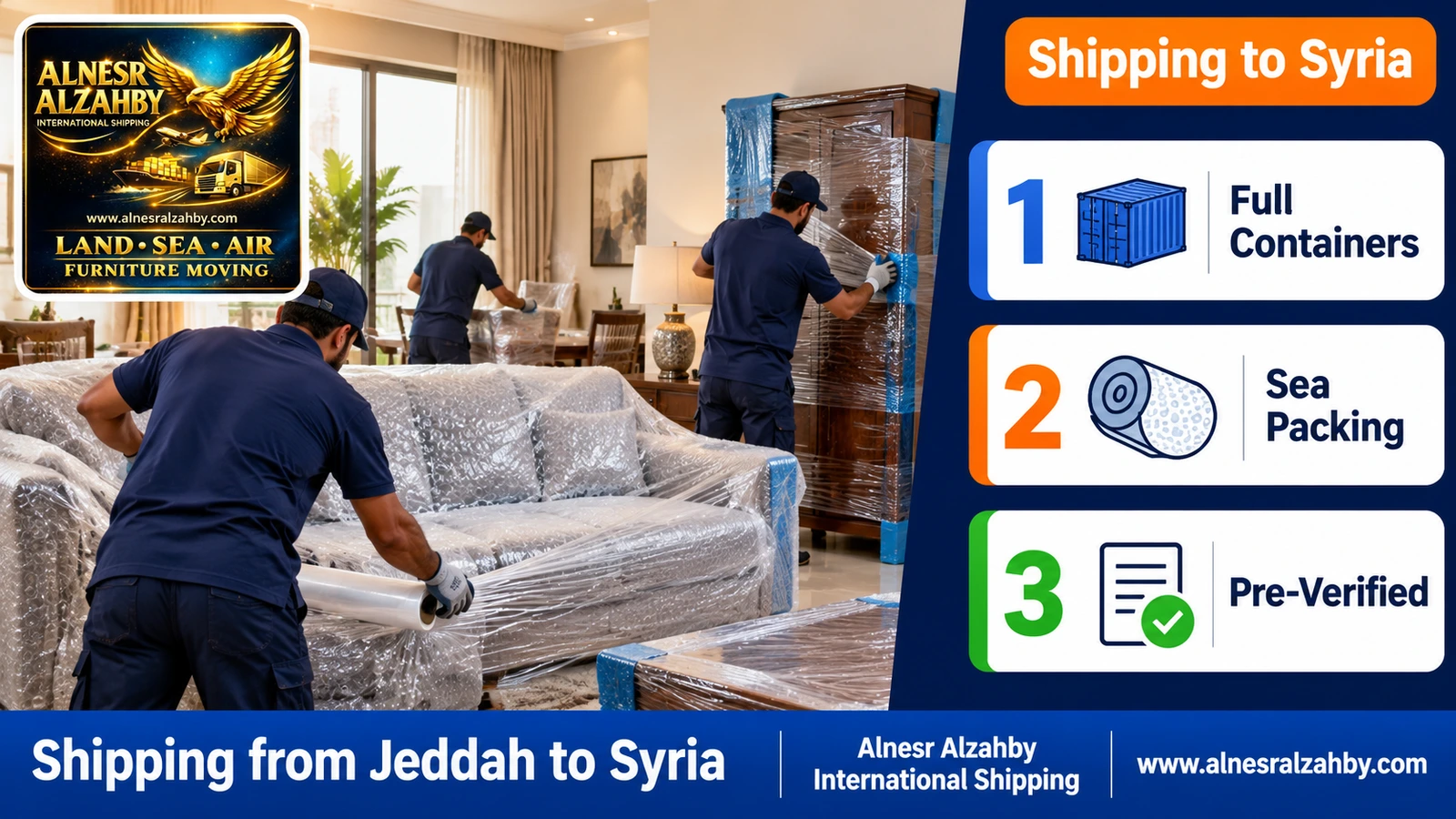 Wrapping a Jeddah home's furniture in moisture-resistant layers before sea shipping