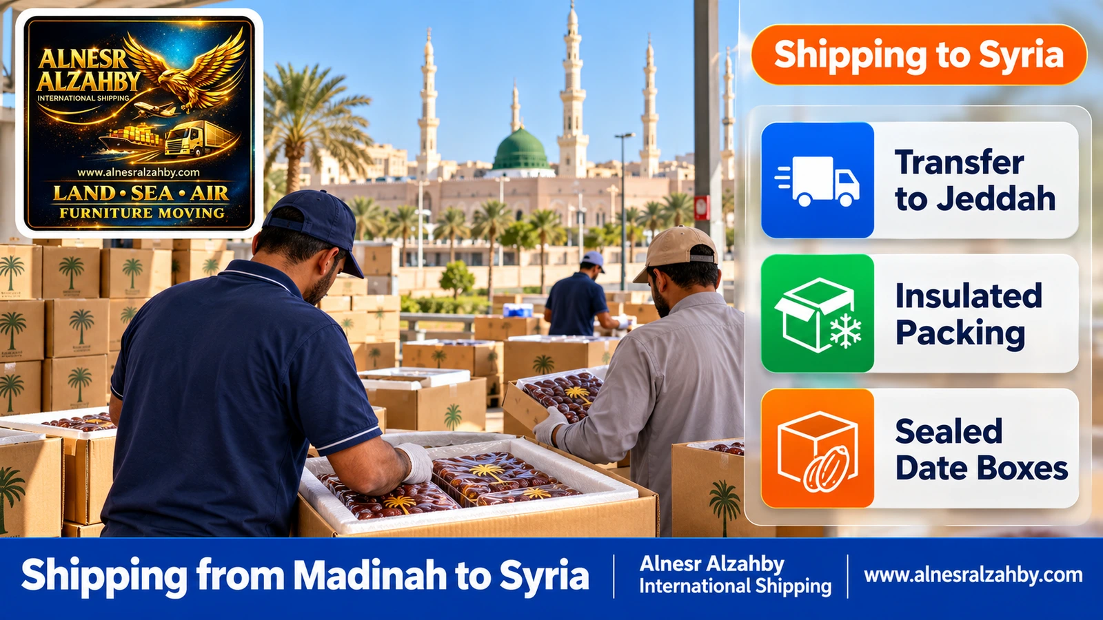 Packing sealed date boxes in insulated cartons for shipping from Madinah to Syria