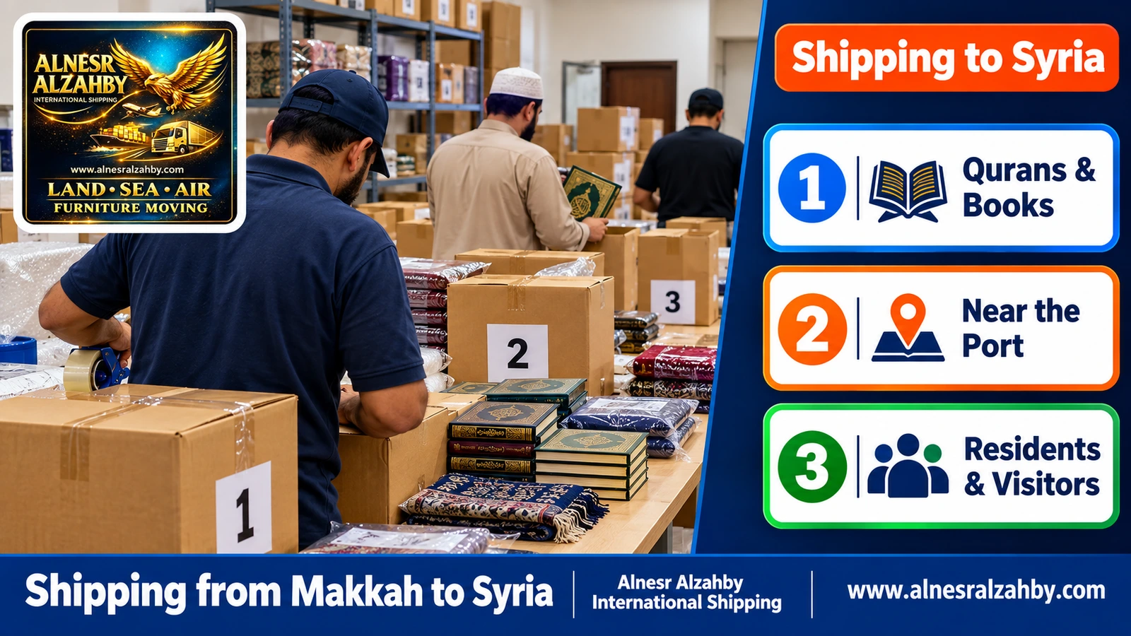 Packing gifts and parcels into numbered cartons in Makkah for shipping to Syria