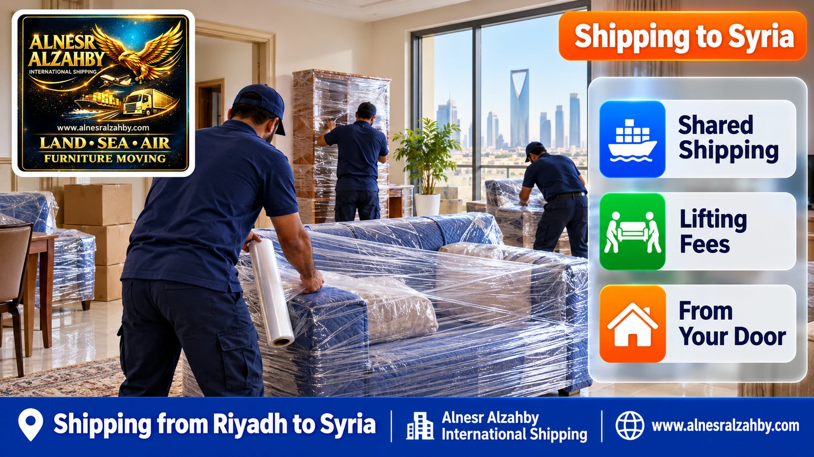 A team wrapping an apartment's furniture in Riyadh before shipping to Syria