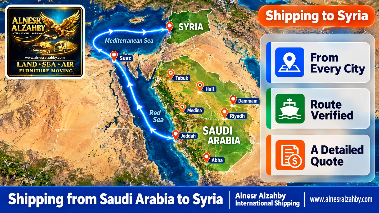 A map of pickup cities in Saudi Arabia and the sea route to Syrian ports