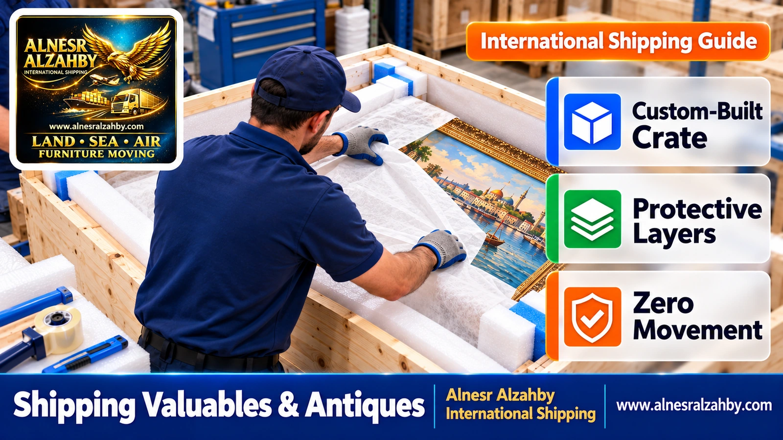 Packing a painting in graduated layers inside a custom-built wooden crate