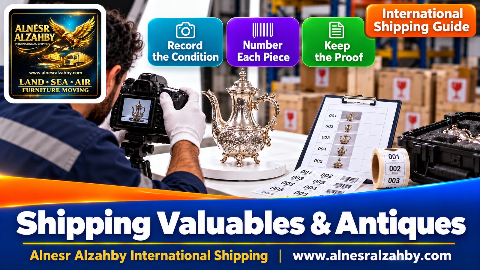 Inspecting a valuable antique and documenting it with photos before packing and shipping