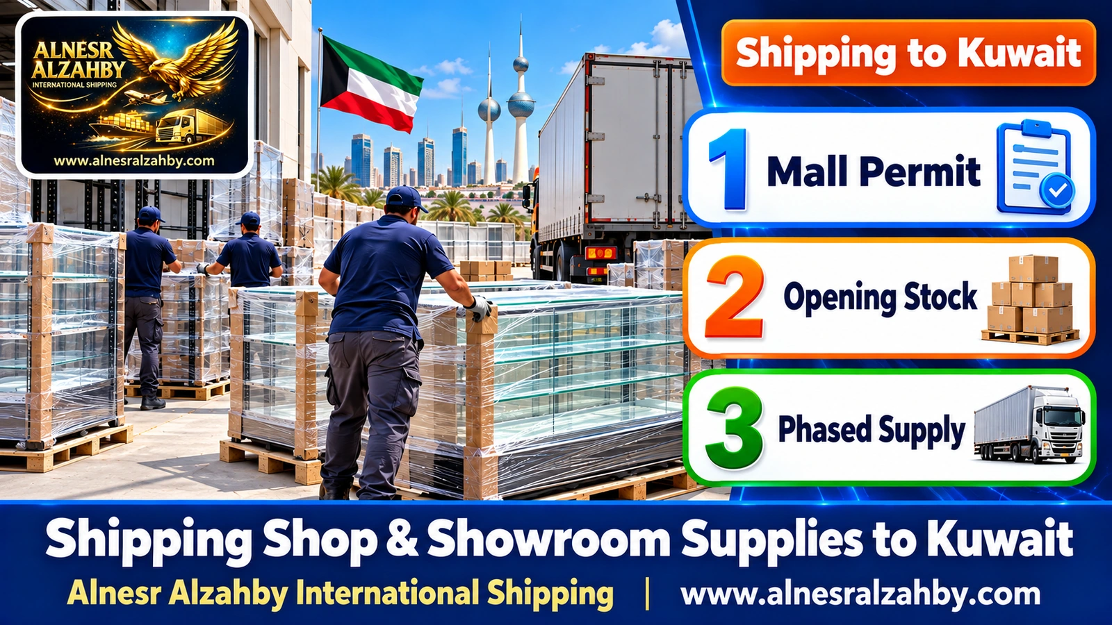 Wrapping a glass display case and metal shelving for a shop before shipping to Kuwait