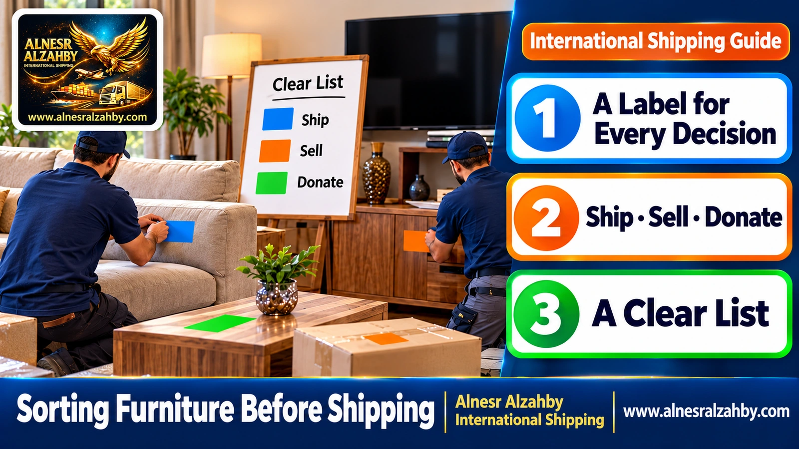 Men of a family sorting home furniture with colored labels before international shipping