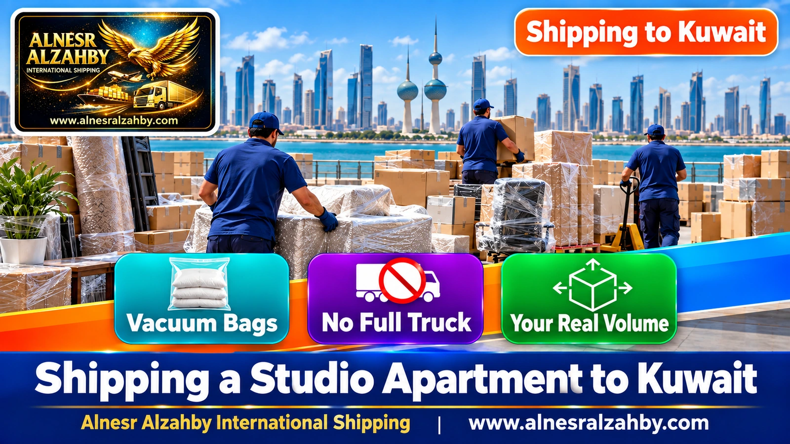 Dismantled, wrapped studio furniture and boxes beside a shared-shipment consolidation area