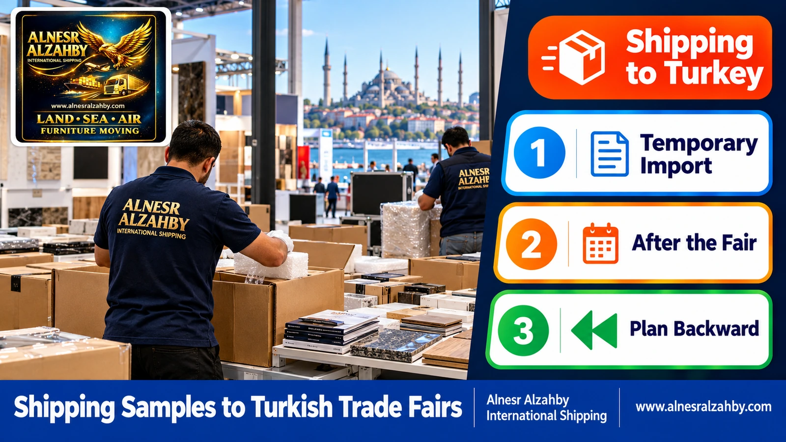 Preparing sample boxes and promotional materials for a trade fair booth in Istanbul