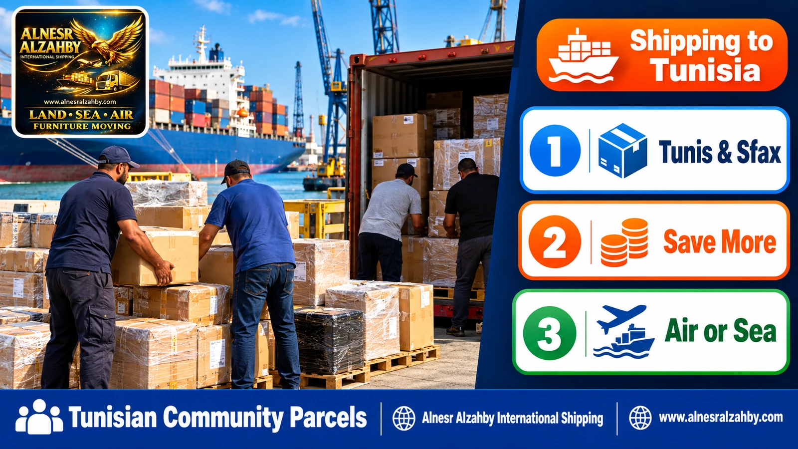 Two Tunisian families combining their parcels into one shared sea shipment to Sfax