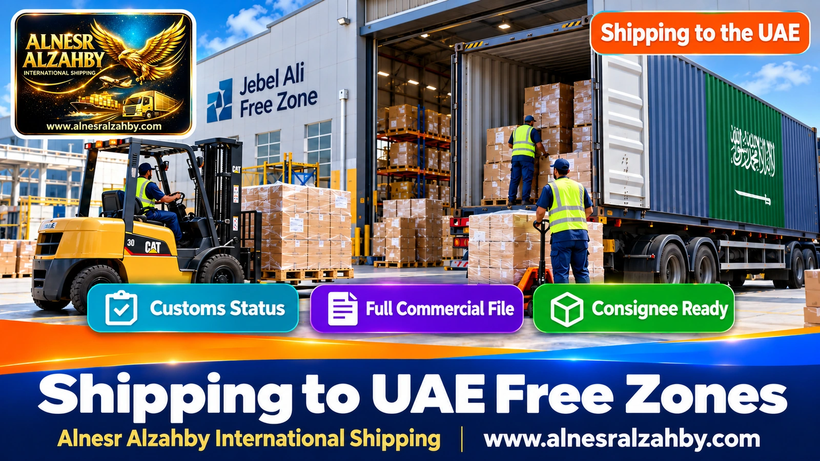 A warehouse inside Jebel Ali Free Zone unloading commercial goods from Saudi Arabia
