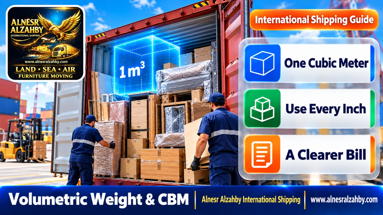 An open container loaded with neatly stacked dismantled furniture to illustrate cubic meters