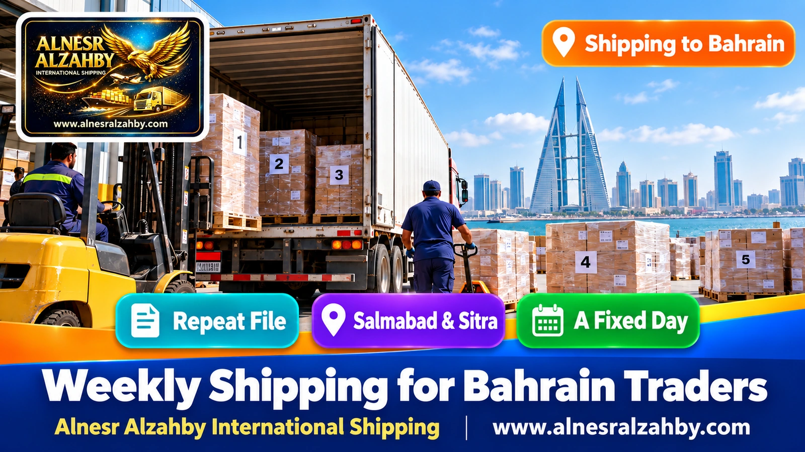 Numbered pallets loaded onto a weekly truck bound for Bahrain